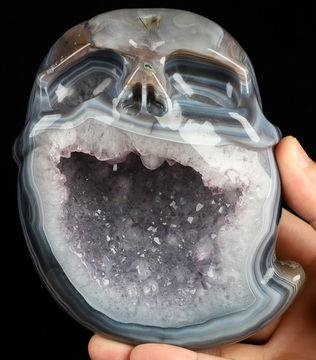 5.3" Agate Amethyst Geode Hand Carved Crystal Skull Fine Art Sculpture, Crystal Healing
