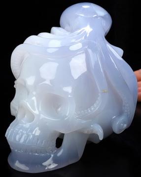 5.7" Blue Chalcedony Hand Carved Crystal Skull and Octopus Sculpture, Crystal Healing