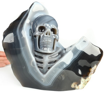 8.4" Gray & White Agate Hand Carved Crystal Skull Fine Art Sculpture, Crystal Healing