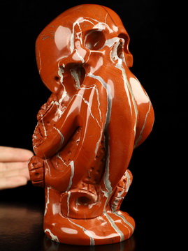 7.4" Red Jasper Hand Carved Cthulhu Octopus Crystal Skull Sculpture, Crystal Healing