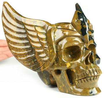 5.8" Ocean Jasper Hand Carved Guardian Crystal Skull Sculpture, Crystal Healing