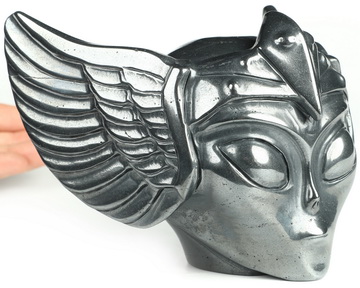 5.4"Hematite Hand Carved Guardian Crystal Fairy Elf Alien Skull Sculpture, Crystal Healing