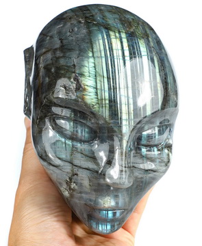 5.7" Labradorite Hand Carved Fairy Elf Alien Crystal Skull Companion Sculpture, Crystal Healing