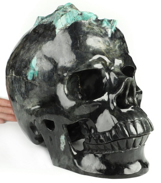 Gemstone Super Realistic! 11.0" Emerald Hand Carved Crystal Skull, Crystal Healing