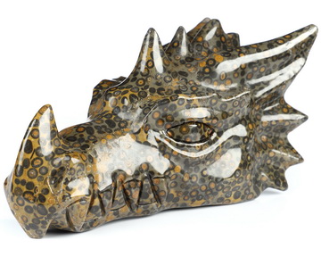 5.7" Chinese Leopard Skin Jasper Hand Carved Crystal Dragon Head Skull Sculpture, Crystal Healing