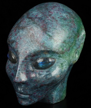 4.1" Ruby Kyanite Hand Carved Fairy Elf Alien Crystal Skull Companion With Labradorite Eyes, Hand Carved Gemstone Fine Art Sculpture, Reiki Healing Stone Statue