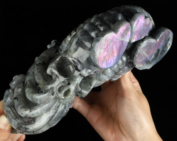 Purple Flash! 7.8" Labradorite Hand Carved Nautiloid Cthulhu Crystal Skull Sculpture, Crystal Healing