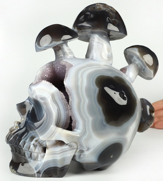 6.8" Agate Amethyst Geode Hand Carved Crystal mushroom Skull Sculpture, Crystal Healing