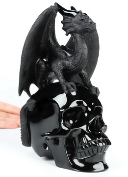 7.3" Black Obsidian Hand Carved Crystal Skull and Dragon Fine Art Sculpture, Crystal Healing