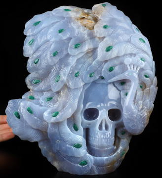 9.5" Blue Chalcedony and Malachite Hand Carved Crystal Skull & Peacock Fine Art Sculpture, Crystal Healing