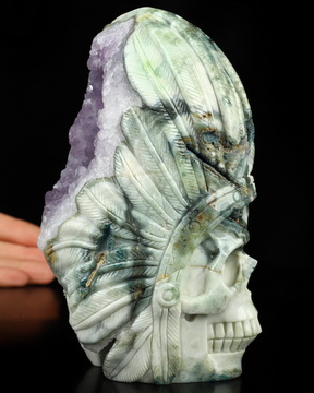 6.1" Ocean Jasper and Amethyst Agate Geode Hand Carved Crystal Skull Fine Art Sculpture, Crystal Healing