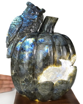 Happy Halloween! 8.9" Labradorite Hand Carved Pumpkin Crystal Skull and Owl Sculpture, Crystal Healing