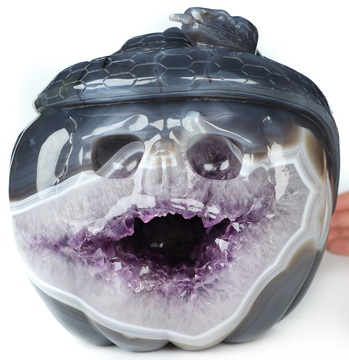 Happy Halloween! 6.7" Agate Amethyst Geode Hand Carved Pumpkin Crystal Skull and Snake Sculpture, Crystal Healing