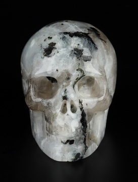 1.5" Black Tourmaline and Moonstone Hand Carved Crystal Skull, Realistic, Crystal Healing