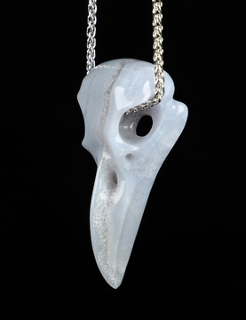 Gemstone Necklace of 2.3" Blue Lace Agate Hand Carved Crystal Skull Pendant, Skull Jewelry