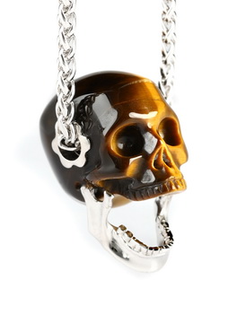 Necklace of 0.9" Gold Tiger's Eye Hand Carved Crystal Skull Pendant, Skull Jewelry