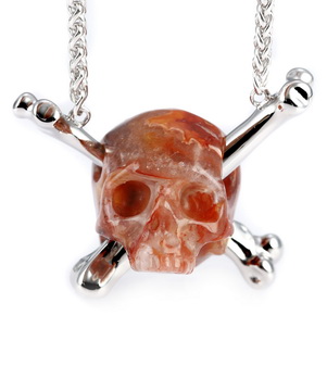 Gemstone Necklace of 0.8" Red Crazy Lace Agate Hand Carved Crystal Skull Pendant with Silver Chain, Skull Jewelry