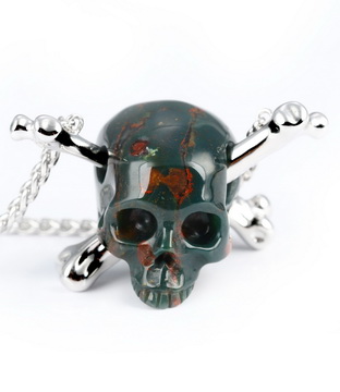 Necklace of 0.8" African Bloodstone Hand Carved Crystal Skull Pendant, with Silver Chain Skull Jewelry