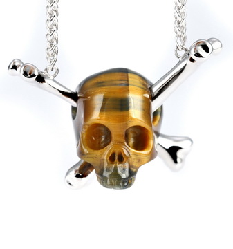 Necklace of 0.8" Gold Tiger's Eye Hand Carved Crystal Skull Pendant with Silver Chain, Skull Jewelry