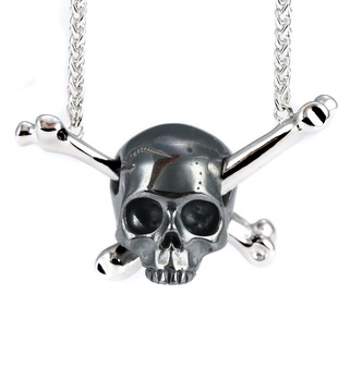 Necklace of 0.8" Hematite Hand Carved Crystal Skull Pendant with Silver Chain, Skull Jewelry