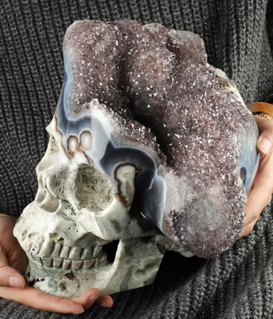 24.2LB 8.9" Agate Amethyst Druse Hand Carved Crystal Skull, Crystal Healing