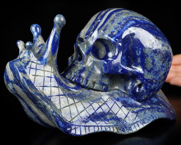 Gemstone 7.5" Lapis Lazuli Hand Carved Crystal Snail Skull Sculpture, Crystal Healing
