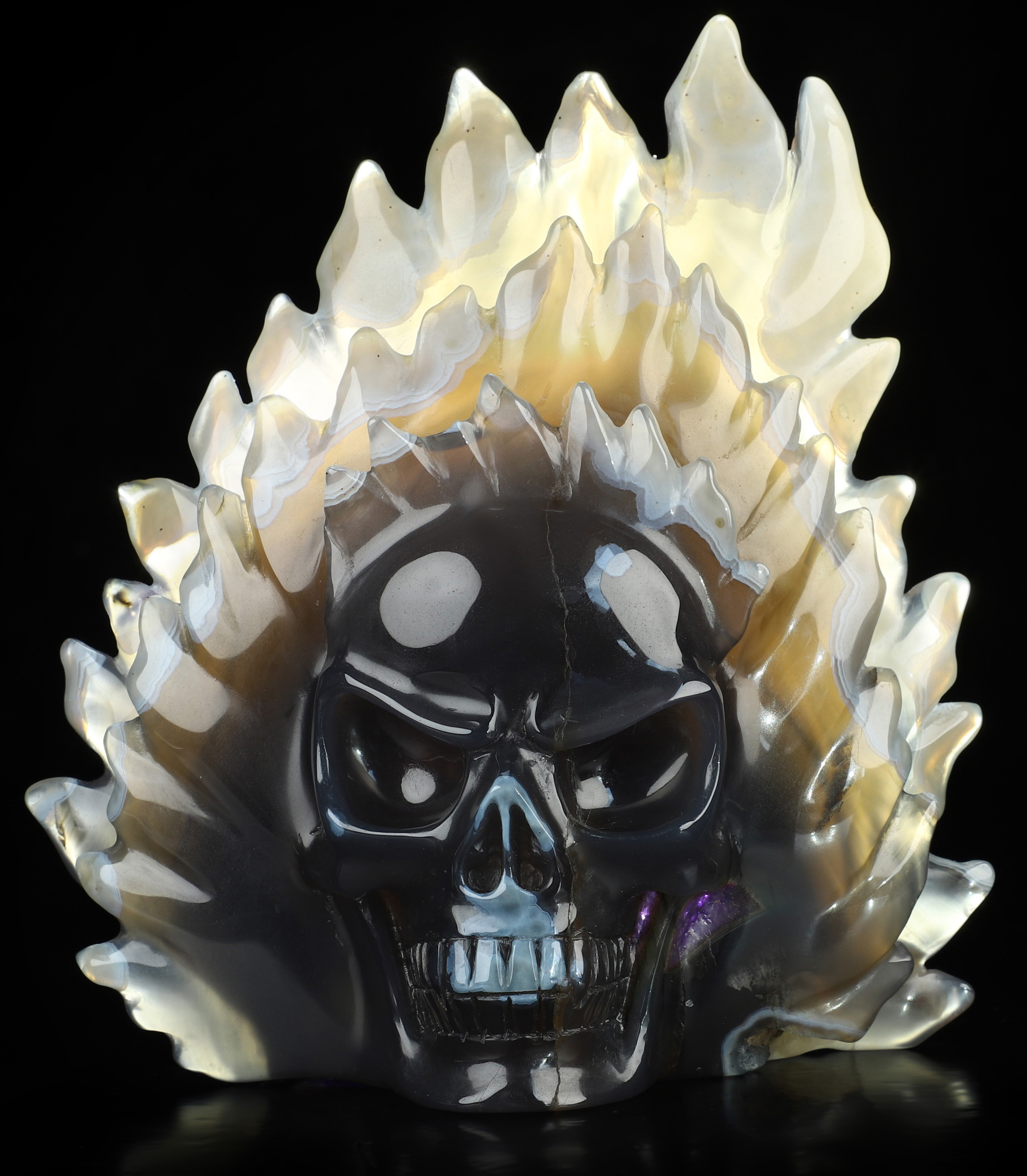5.3" Agate Amethyst Druse Hand Carved Crystal Skull Fine Art Sculpture, Crystal Healing