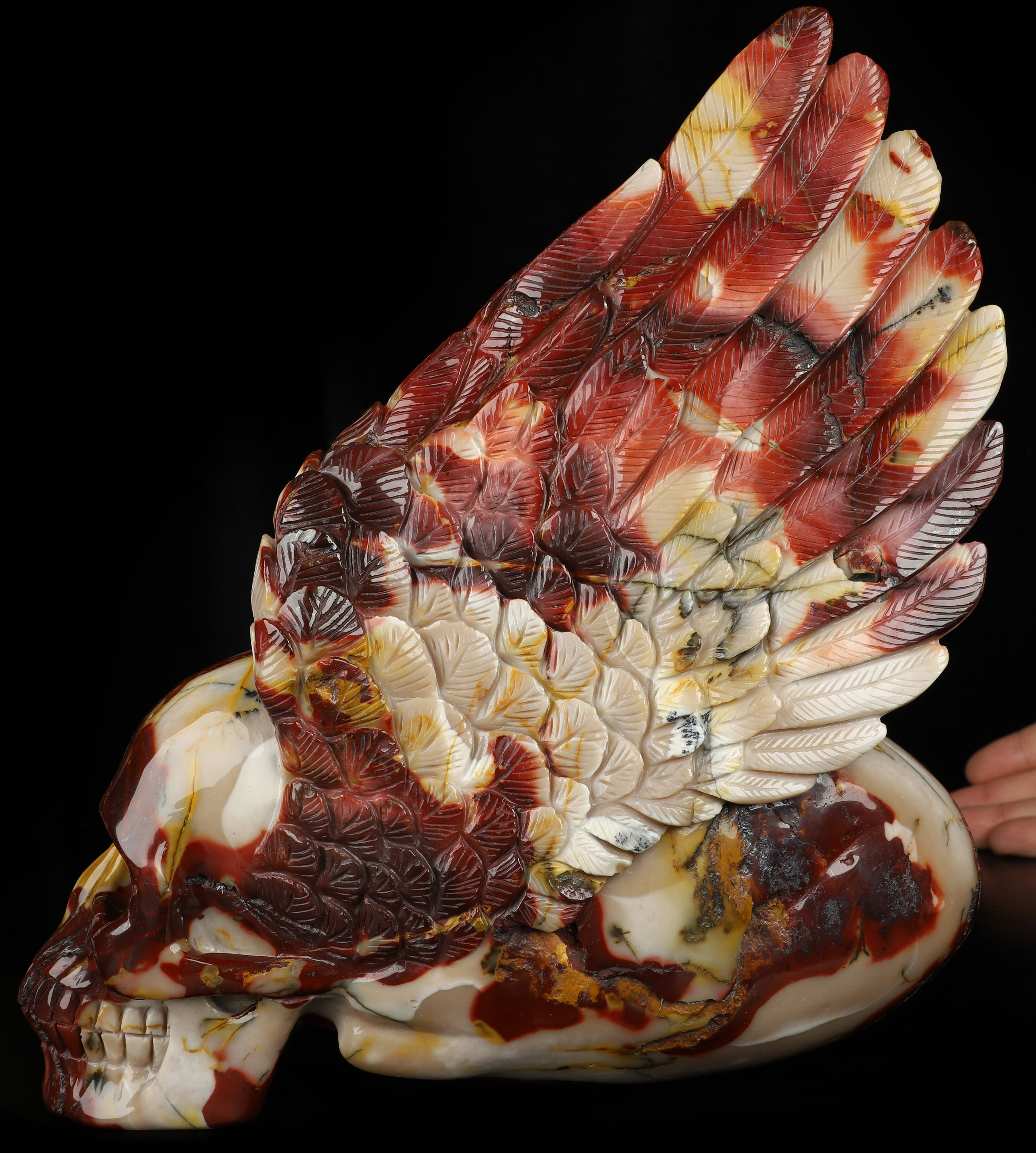 9.6" Mookaite Jasper Hand Carved Crystal Skull and Wing Fine Art Sculpture, Crystal Healing