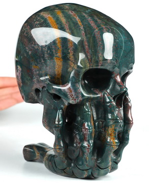 The Thinker---5.6" Bloodstone Hand Carved Crystal Skull & Skeletal Hand Sculpture, Crystal Healing