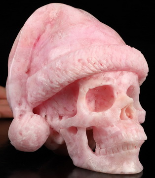 Merry Christmas! 5.0" Pink Aragonite Hand Carved Crystal Skull Fine Art Sculpture, Crystal Healing