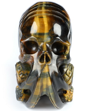 Gemstone 3.5" Blue & Gold Tiger's Eye Hand Carved Nautiloid Cthulhu Crystal Skull Sculpture, Crystal Healing