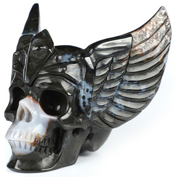 3.5" Black Zebra Agate Hand Carved Guardian Crystal Skull Sculpture, Crystal Healing