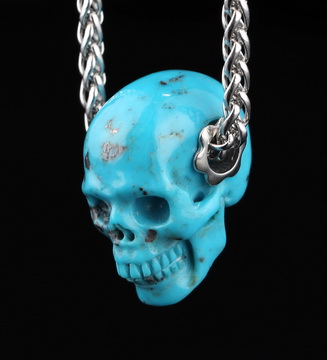 Gemstone Necklace of 0.7" Turquoise Hand Carved Crystal Skull Pendant, Skull Jewelry