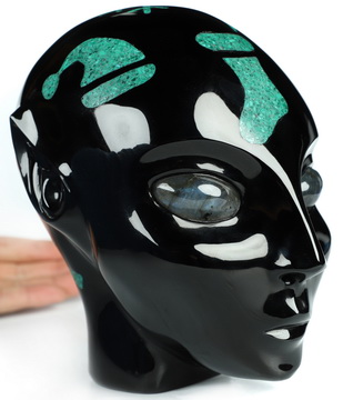 Merry Christmas! 5.9" Black Obsidian with Malachite Hand Carved Fairy Elf Alien Crystal Skull Companion Sculpture, Crystal Healing