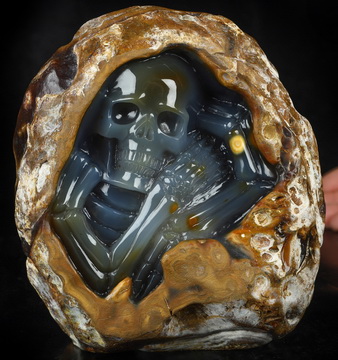 5.4" Agate Hand Carved Crystal Skull Fine Art Sculpture, Crystal Healing
