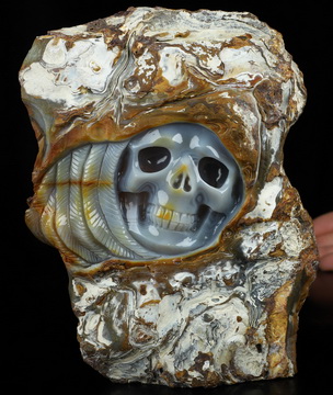 6.2" Agate Hand Carved Crystal Skull Fine Art Sculpture, Crystal Healing