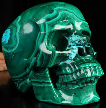 Super Realistic! Lifesized 6.3" Malachite and Chrysocolla Hand Carved Crystal Skull, Crystal Healing