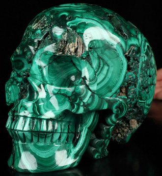 Gemstone Lifesized 6.5" Malachite Hand Carved Crystal Skull, Realistic, Crystal Healing