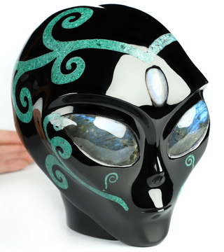 6.3" Black Obsidian with Malachite Inlay Star Being Female Alien Crystal Skull Companion With Labradorite and Opal Eyes