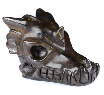 1.9" Colorful Tiger Iron Eye Hand Carved Crystal Dragon Skull Sculpture, Crystal Healing