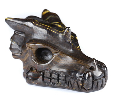 1.9" Colorful Tiger Iron Eye Hand Carved Crystal Dragon Skull Sculpture, Crystal Healing