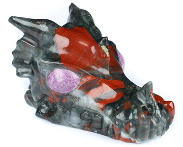3.8" African Bloodstone Hand Carved Crystal Dragon Skull with  Stichtite Eyes Sculpture, Crystal Healing