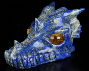 Gemstone 3.6" Lapis Lazuli Hand Carved Crystal Dragon Skull with Gold Tiger's Eye Eyes Sculpture, Crystal Healing