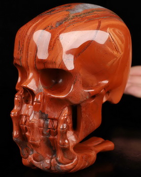 The Thinker---5.5" Red Jasper Hand Carved Crystal Skull & Skeletal Hand Sculpture, Crystal Healing