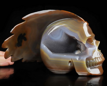 9.8" Premium Brazilian Agate Hand Carved Crystal Indian Skull Sculpture, Crystal Healing