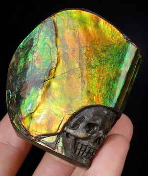 2.3" Flash Ammolite Hand Carved Crystal Skull Fine Art Sculpture, Crystal Healing