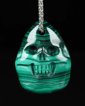 Gemstone Necklace of 1.7" Malachite Hand Carved Crystal Skull Pendant, Skull Jewelry