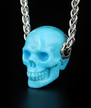 Gemstone Necklace of 0.7" American Turquoise Hand Carved Crystal Skull Pendant, Skull Jewelry
