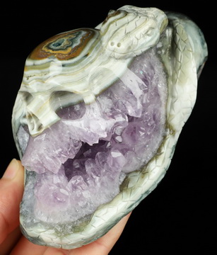 4.8" Ocean Jasper Geode Hand Carved Crystal Skull and Snake Sculpture, Crystal Healing