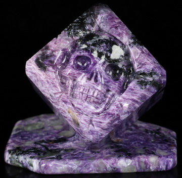 Gemstone 3.9" Russian Charoite Hand Carved Crystal Skull Cube Fine Art Sculpture, Crystal Healing